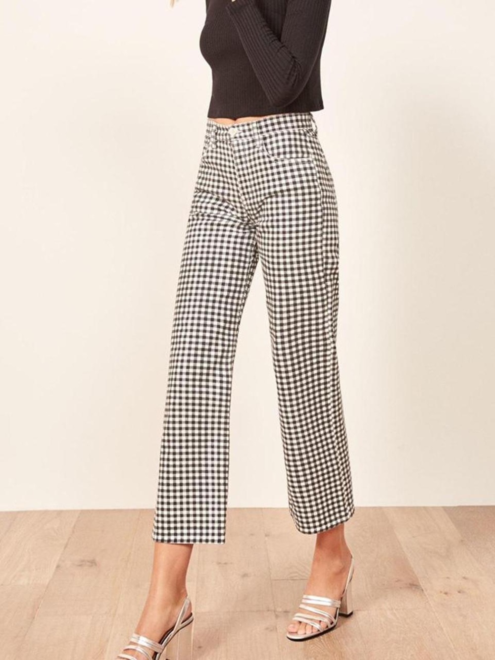 REFORMATION Gingham Straight-Leg Crop Pants - Black & White